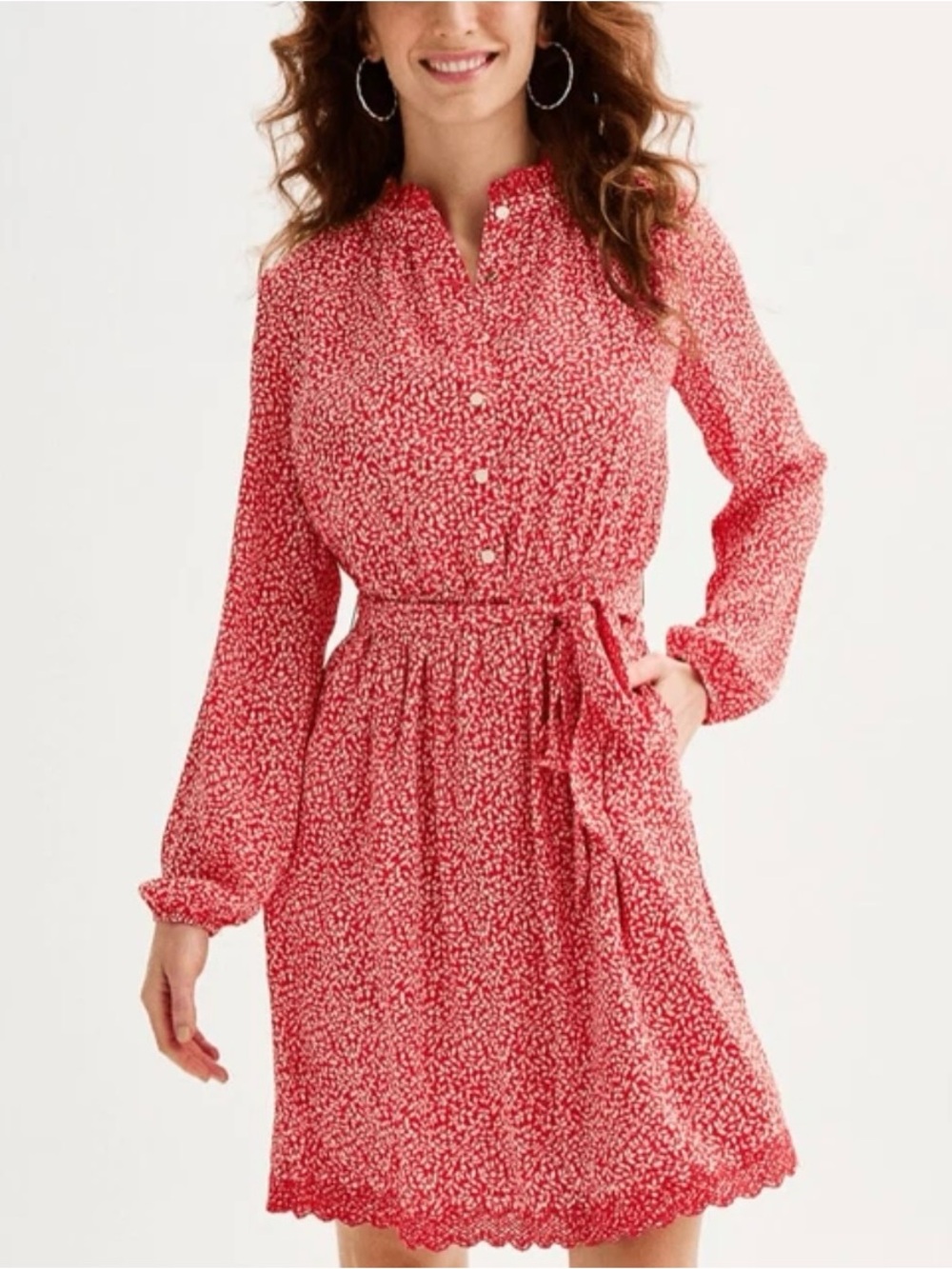 Draper James RSVP Red/White Floral  Shirt-Dress w/Tie Waist Femme Cottagecore